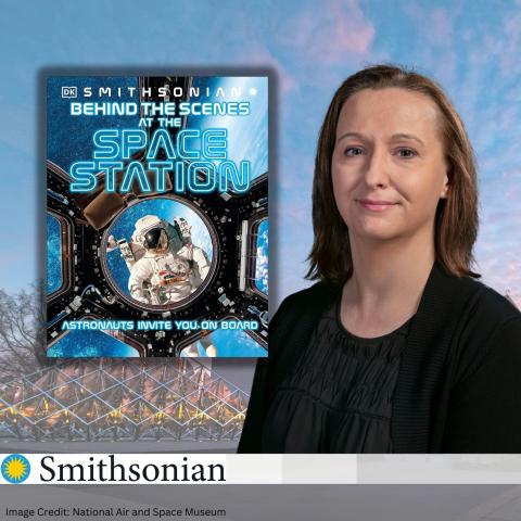 White woman with brown hair standing in front of space shuttle, image of astronaut