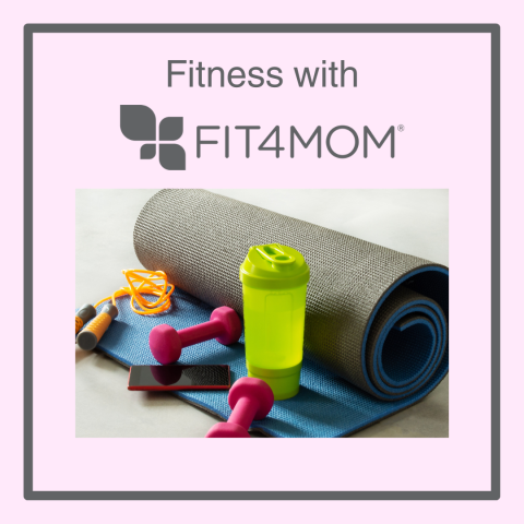 gray and blue yoga mat rolled up with green sports bottle, pink hand weights, orange jump rope