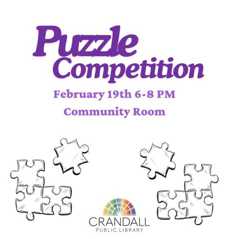 Puzzle competition flyer with Crandall Public Library Logo and puzzle pieces.