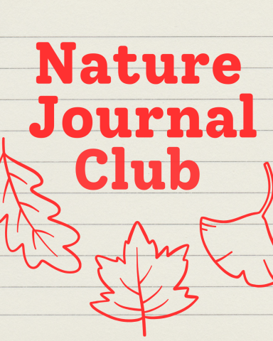 On lined paper in red text reads: "Nature Journal Club." Below the text three line drawings of leaves sweep across the page. From left to right: Oak, Maple, and Ginko.