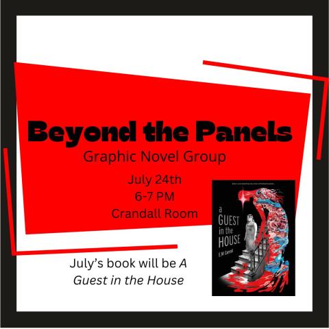 July flyer for a book. Picture of A Guest in the House