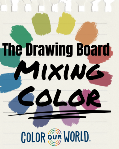 On lined paper in black text "The Drawing Board" below that "Applied Color" is underlined.  The background is CMY color wheel with patches of color. The "Color Our World" is at the bottom of the image.