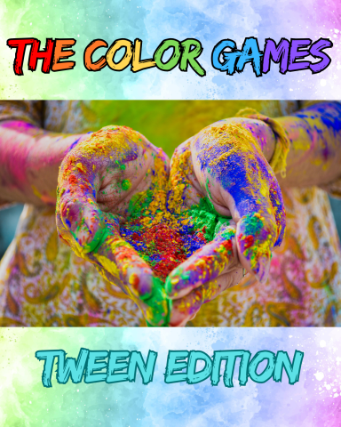 two hands cupped in a heart shape holding a handful of colorful rainbow powder. The top of the image reads "The Color Games" in rainbow letters. The bottom of the image reads "tween edition"