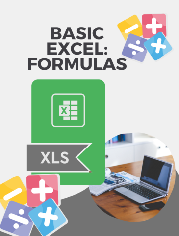 Basic Excel Formulas with a picture of a computer on the bottom right.