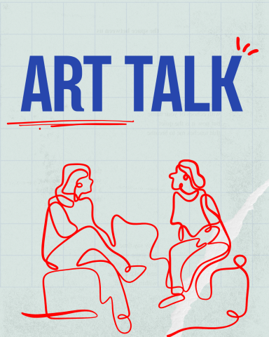Continuous line drawings in red of two people talking. Above their heads in Blue Text "Art Talk"