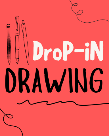 Text "Drop-In Drawing" next to three types of writing utensils: a pencil, a fountain pen, and a ballpoint pen. There are also three squiggle pen lines: one at the top right corner, one at the bottom right corner, and one underling the word "Drawing."