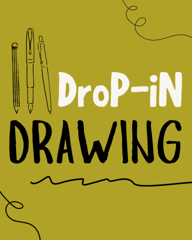 Text "Drop-In Drawing" next to three types of writing utensils: a pencil, a fountain pen, and a ballpoint pen. There are also three squiggle pen lines: one at the top right corner, one at the bottom right corner, and one underling the word "Drawing."