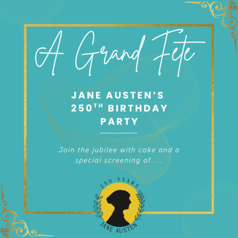 Teal poster of event details in white and a silhouette of Jane Austen. 