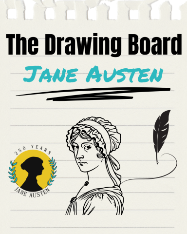 In the middle there is line sketch portrait of Jane Austen. On the left the Crandall Public Library logo for 250 Years of Jane Austen. To the right of the logo there is a feature pen with an ink line that connects to the portrait. 