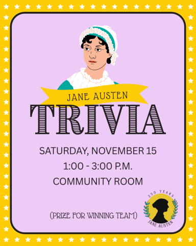 Illustration of Jane Austen wearing blue. The background of the image is pink and surrounded by a yellow boarder with white stars. 