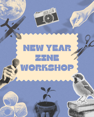 Over a periwinkle background grayscale half tone images circle around the next "New York Zine Workshop." The halftone images include from top left clockwise: a Moon, a plan, a camera, a hand with a pencil, scissors, a bird on a stack of books, two hands holding up a potted plant, three balls of yarn, and a hand with a microphone.