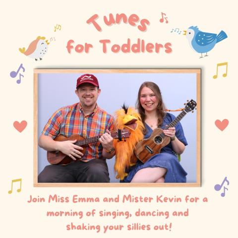 Mister Kevin and Miss Emma with their ukuleles and Paulie the Parrot.