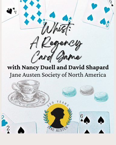 Program details with playing cards, macaroons and tea cups. 