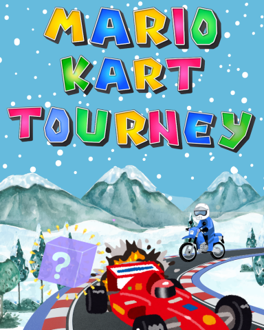 A red race car and blue motorcycle race along an icy mountain track with snow falling in the background. Above the moutains are the words "Mario Kart Tourney" in bright colorful letters