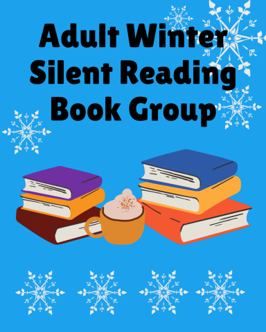 Blue background with white snowflakes and piles of books with hot cocoa. 