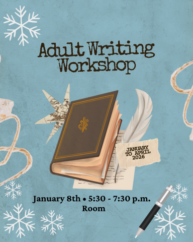 Writing workshop details, with blue back ground and snowflakes. January 8th 5:30-7:30pm. 
