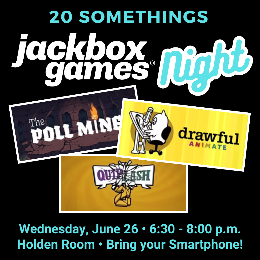 Jackbox games logo with logos for The Poll Mine, Drawful Animate, and Quiplash