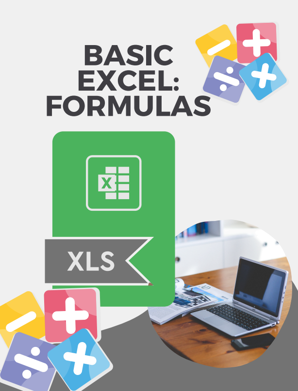 Basic Excel Formulas with a picture of a computer on the bottom right.