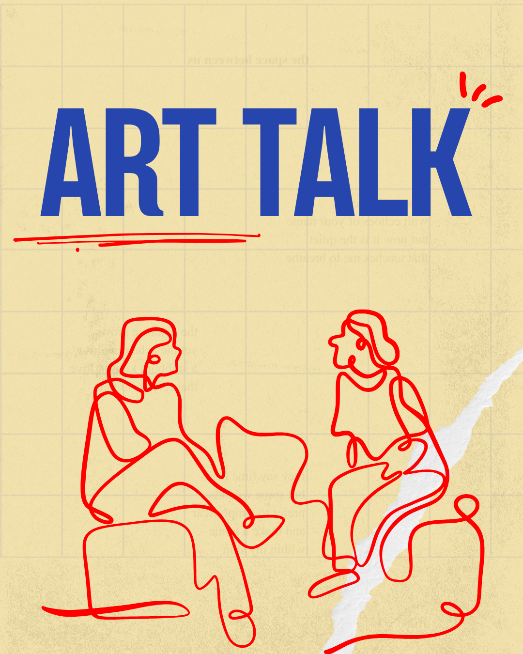 Continuous line drawings in red of two people talking. Above their heads in blue text "Art Talk"