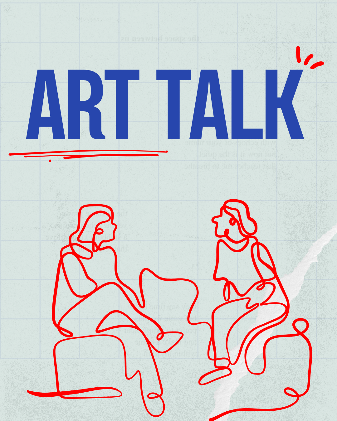 Continuous line drawings in red of two people talking. Above their heads in Blue Text "Art Talk"