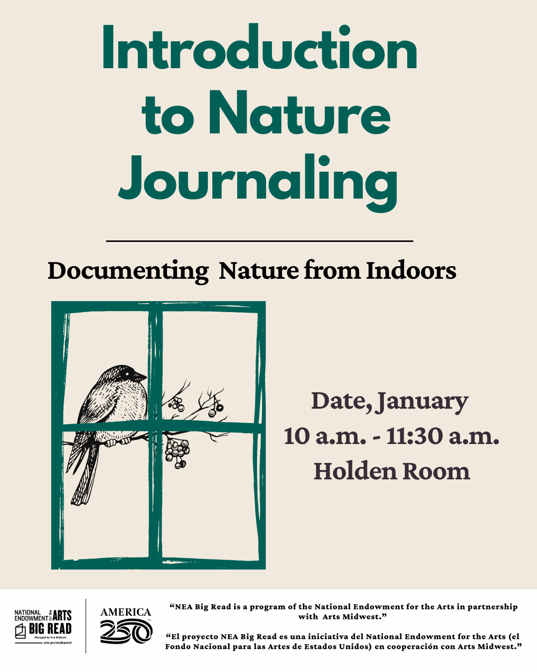 A sketch of a bird behind a teal window frame