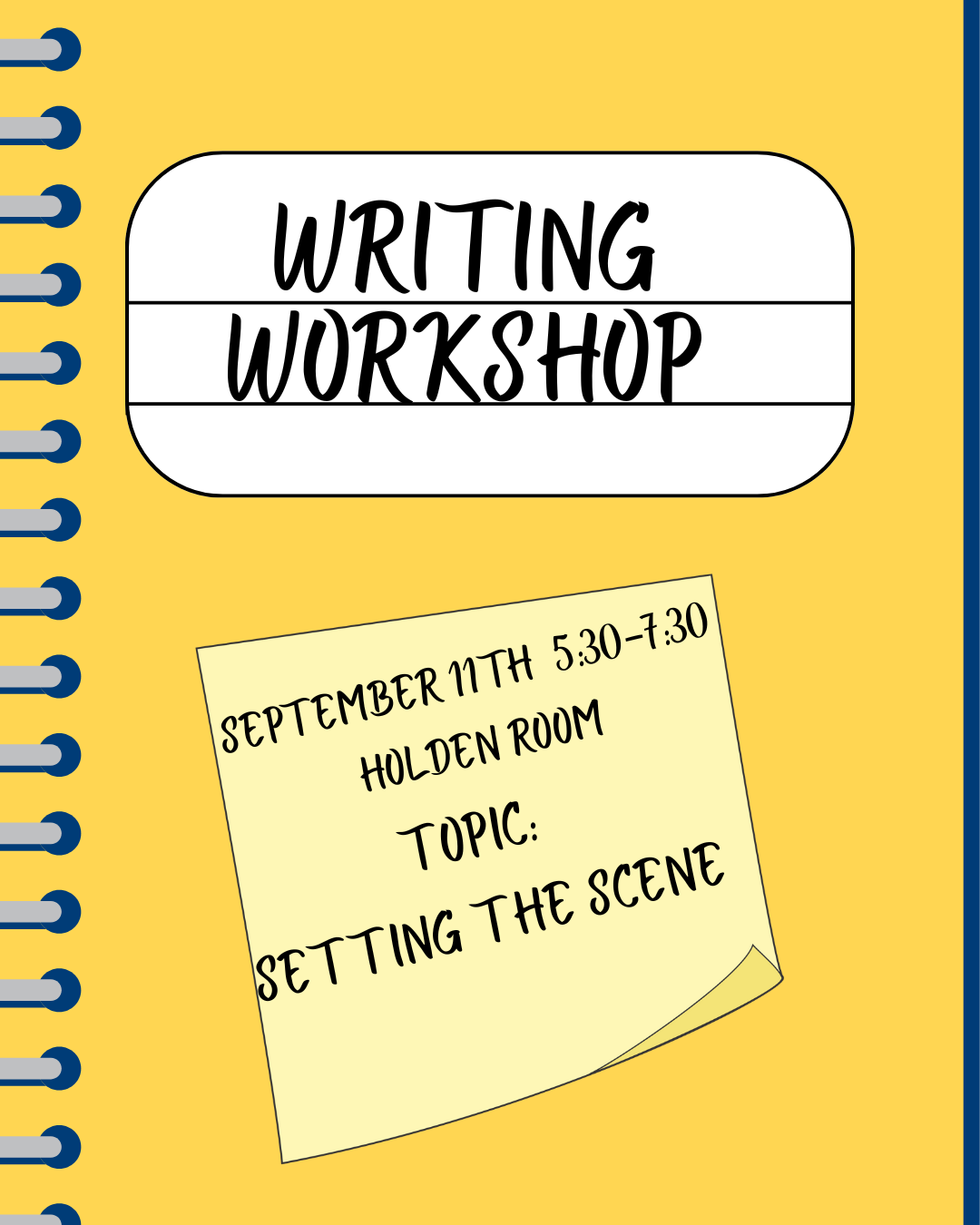 Yellow background with a post-it note detailing the program details. 