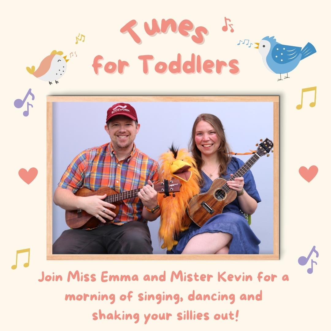 Mister Kevin and Miss Emma with their ukuleles and Paulie the Parrot.